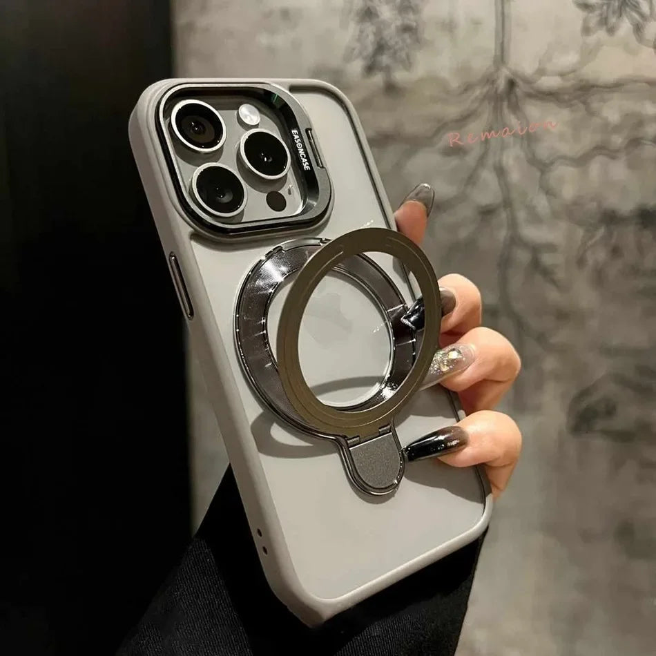 Coque Luxe pour iPhone avec Support Lentille Magnétique en Verre
